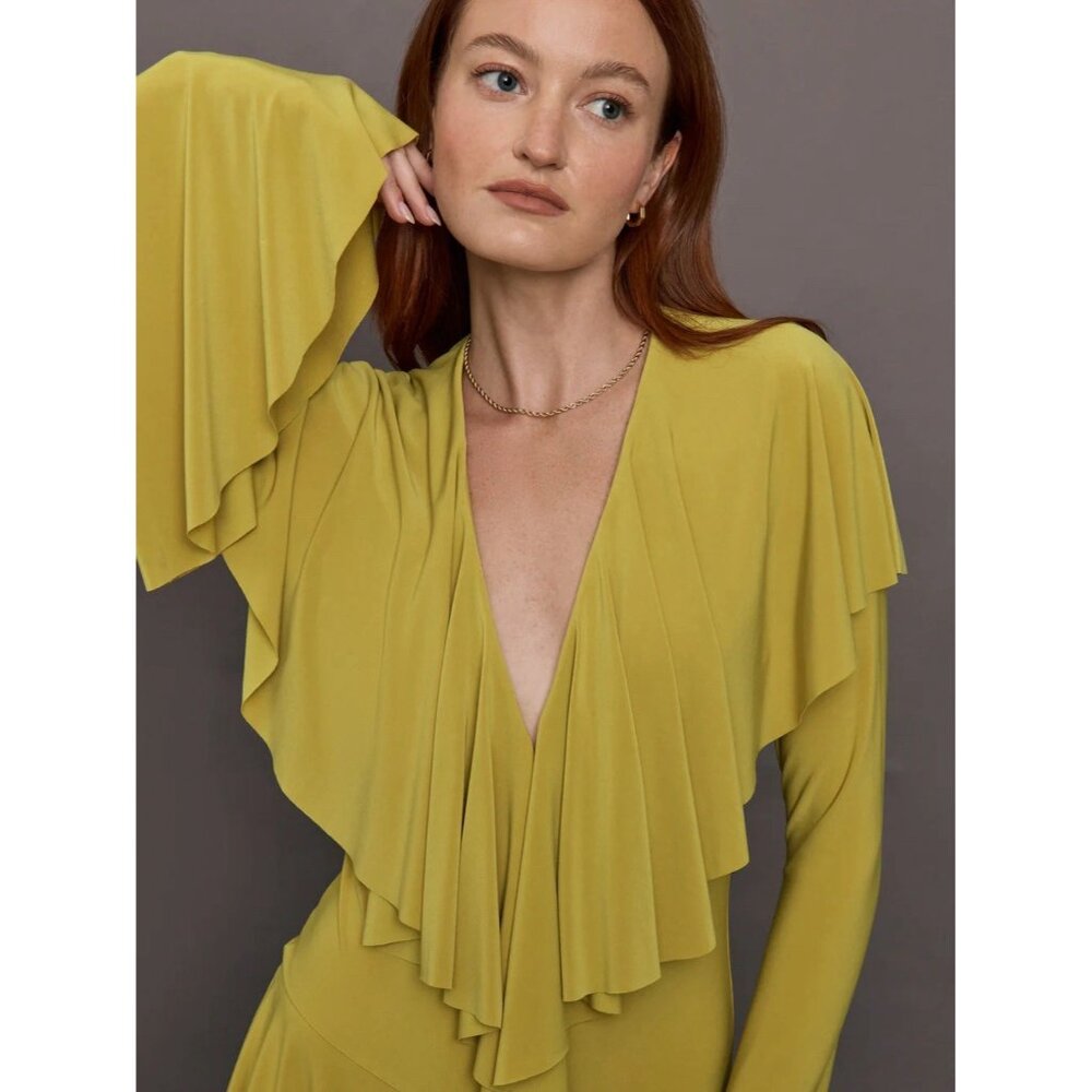 Norma Kamali Long Sleeve Deep V Ruffle Mini Dress in Asparagus - Picture 2 of 5